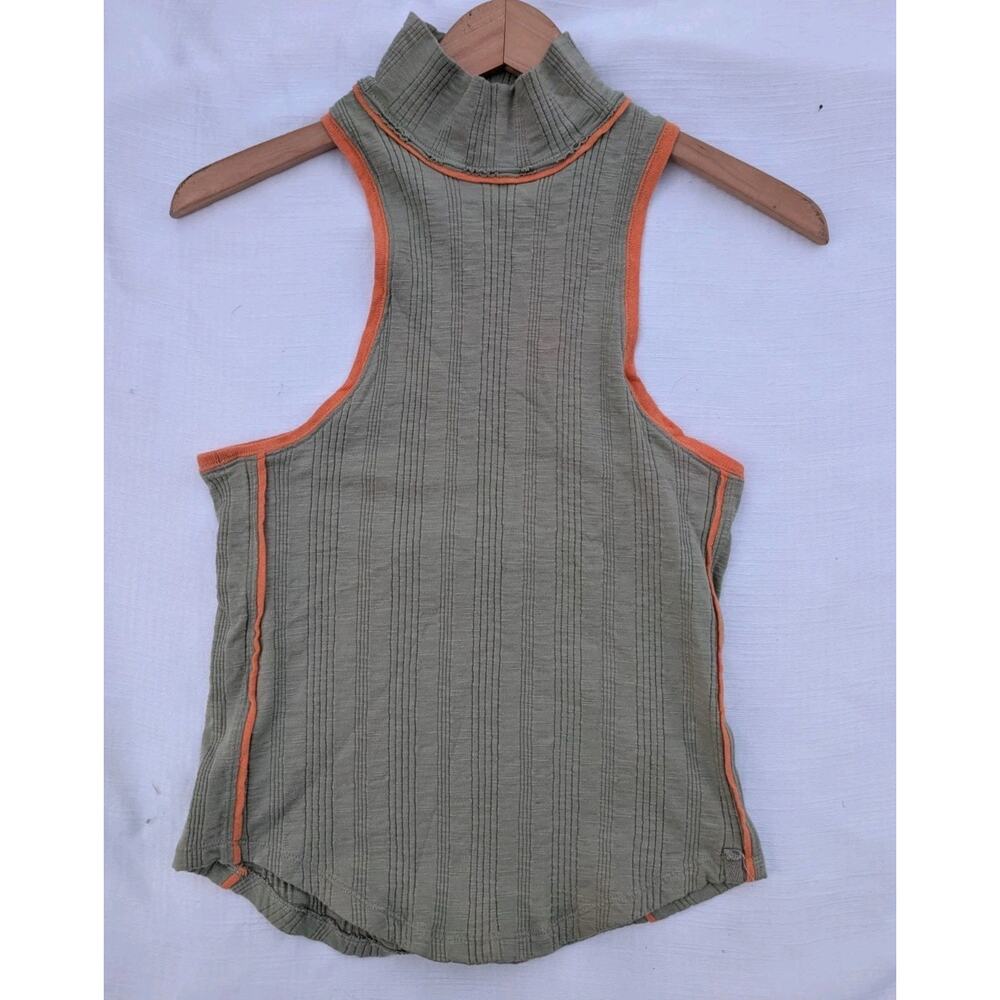 Free People Womens Marley Sleeveless Ribbed Mock Neck Tank Sz Small Olive Orange